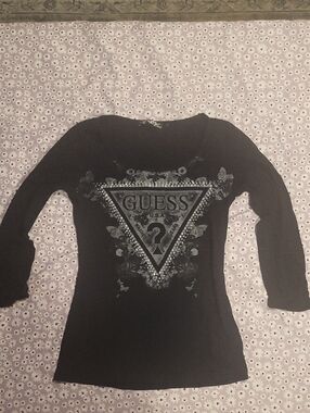 Guess Black Long Sleeve Tee with Bedazzled Triangle Logo